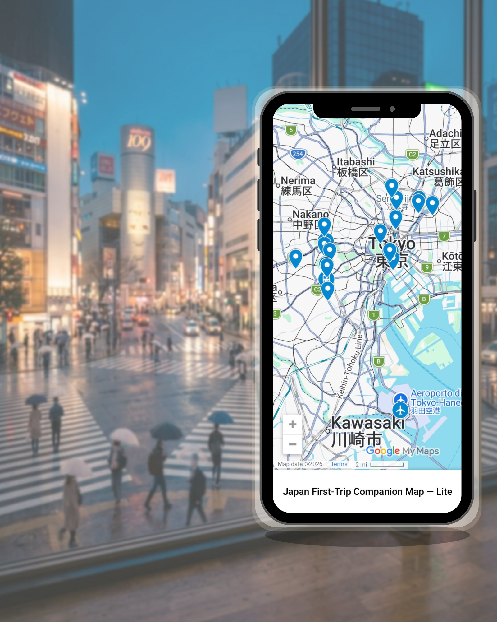 The companion Google My Map on a phone, with every Tokyo location pinned