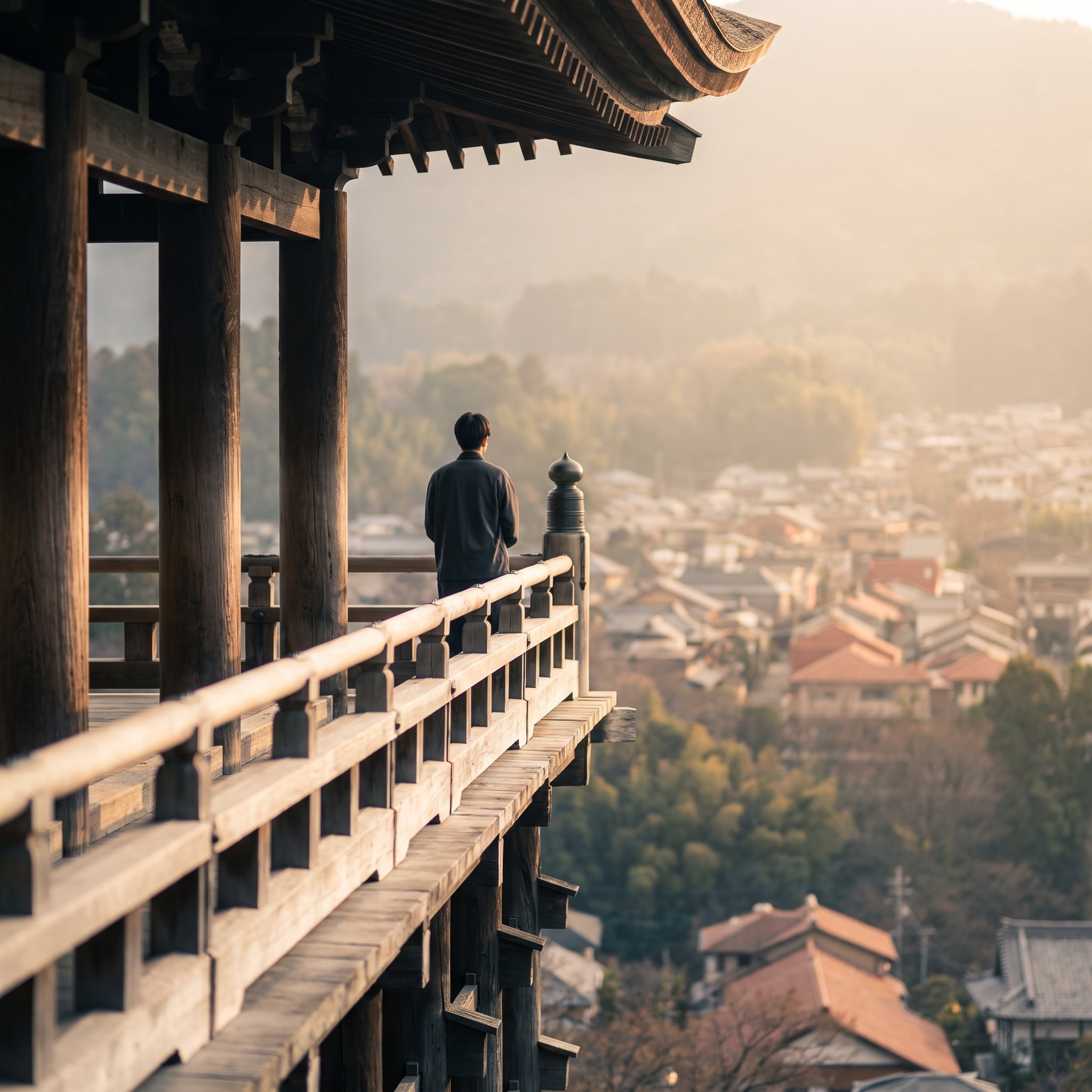 A traveler standing on the wooden veranda of Kiyomizu-dera temple overlooking Kyoto at golden hour