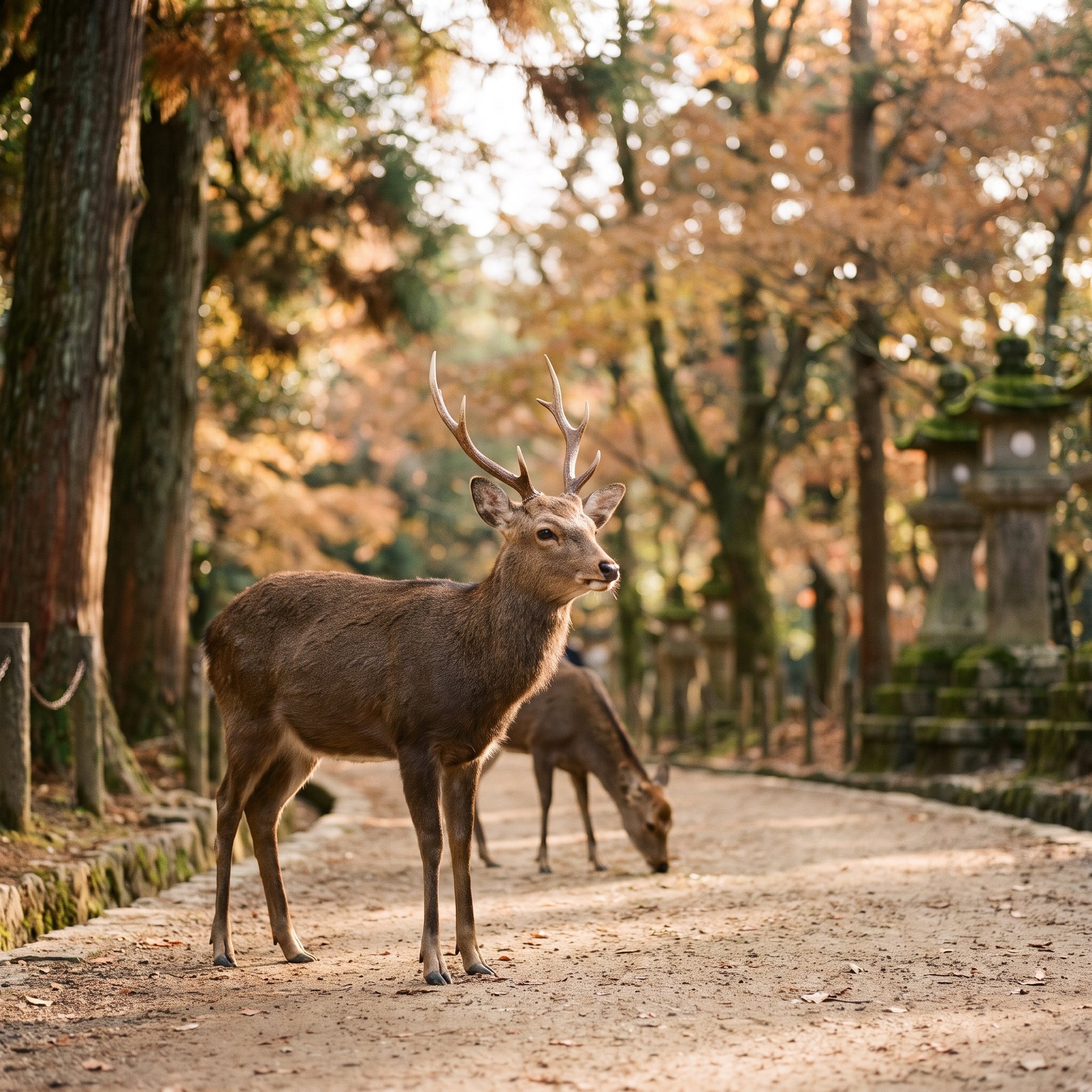 A wild deer on a lantern-lined path in Nara Park