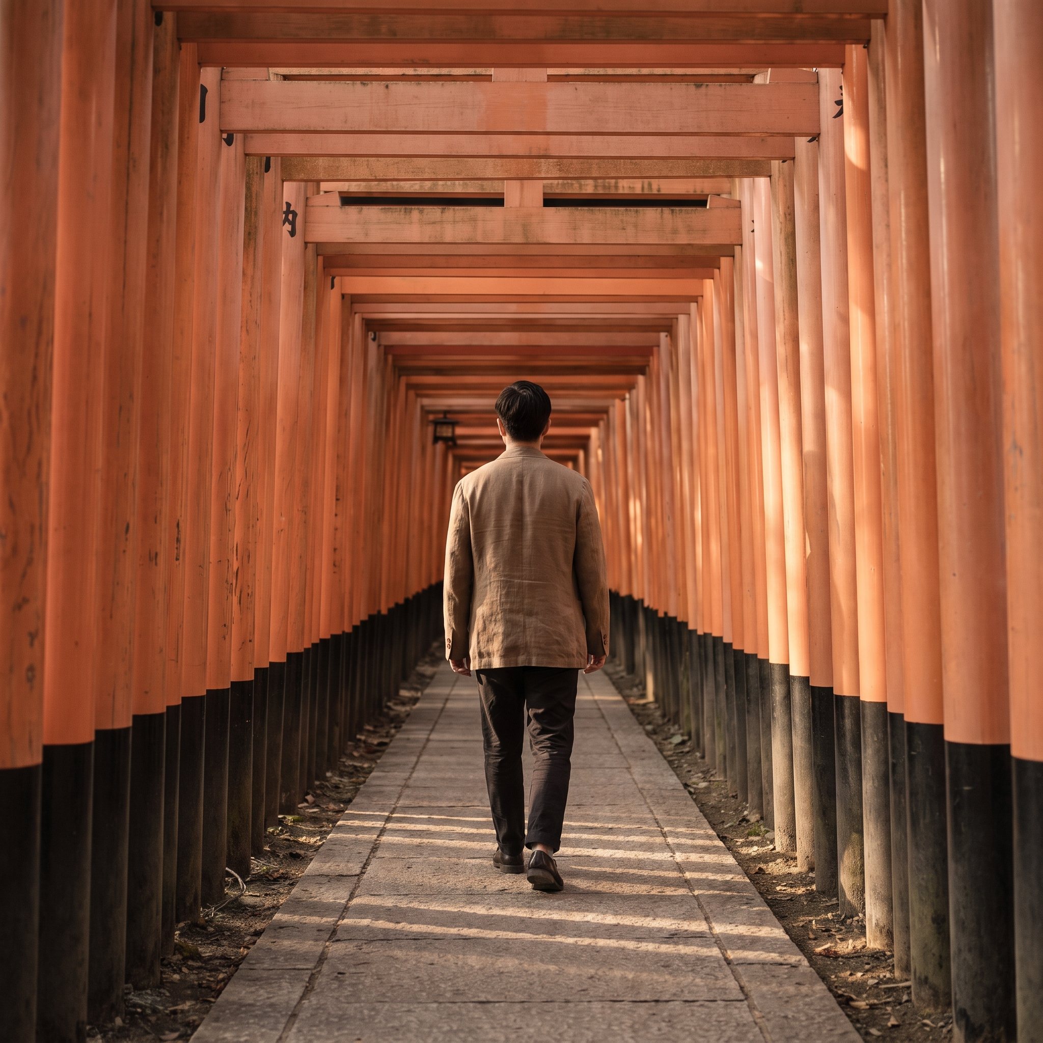 Walking through the vermilion torii gate corridor at Fushimi Inari shrine in Kyoto