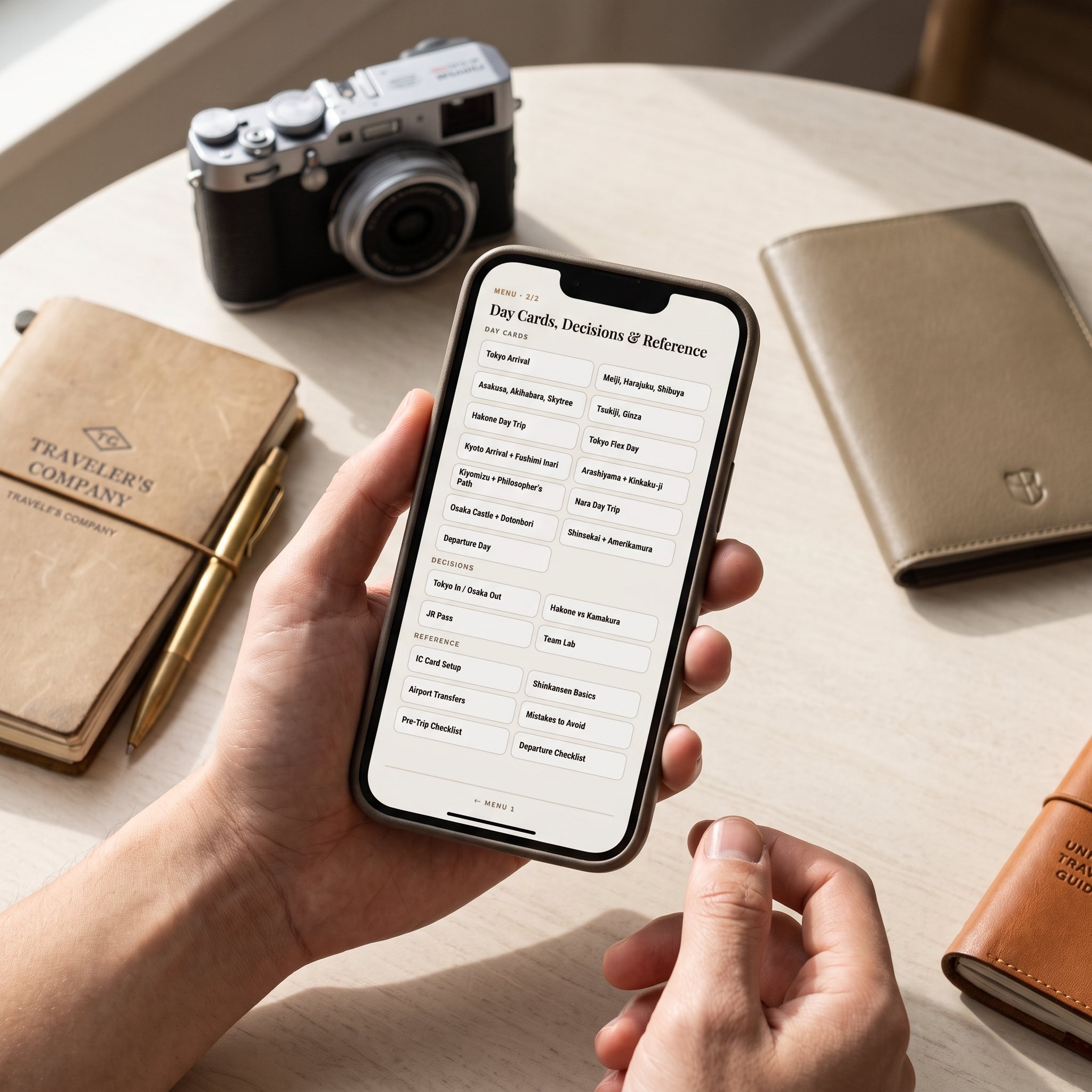 The actual product menu on a phone, showing day cards, decision cards and reference cards