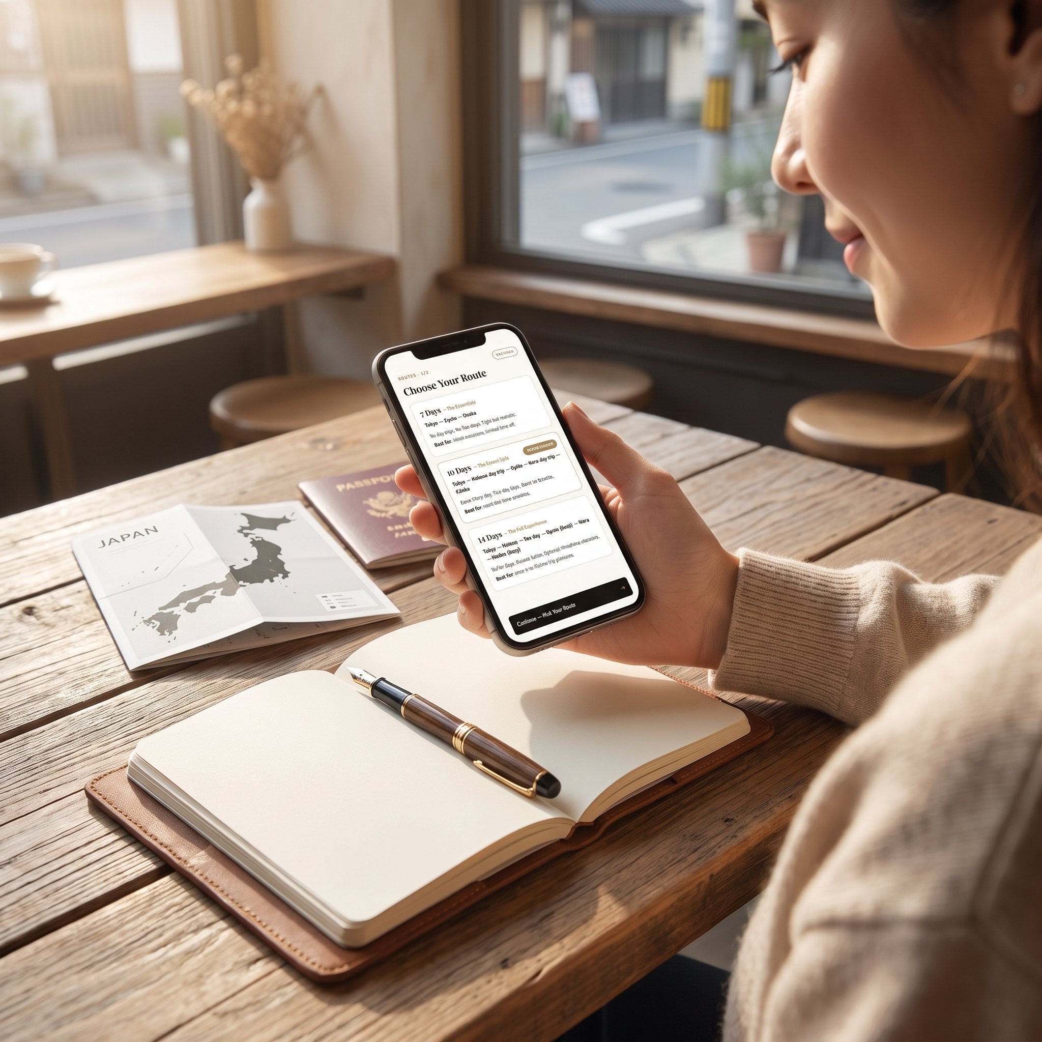A traveler in a cafe choosing between the 7, 10 and 14-day routes on their phone
