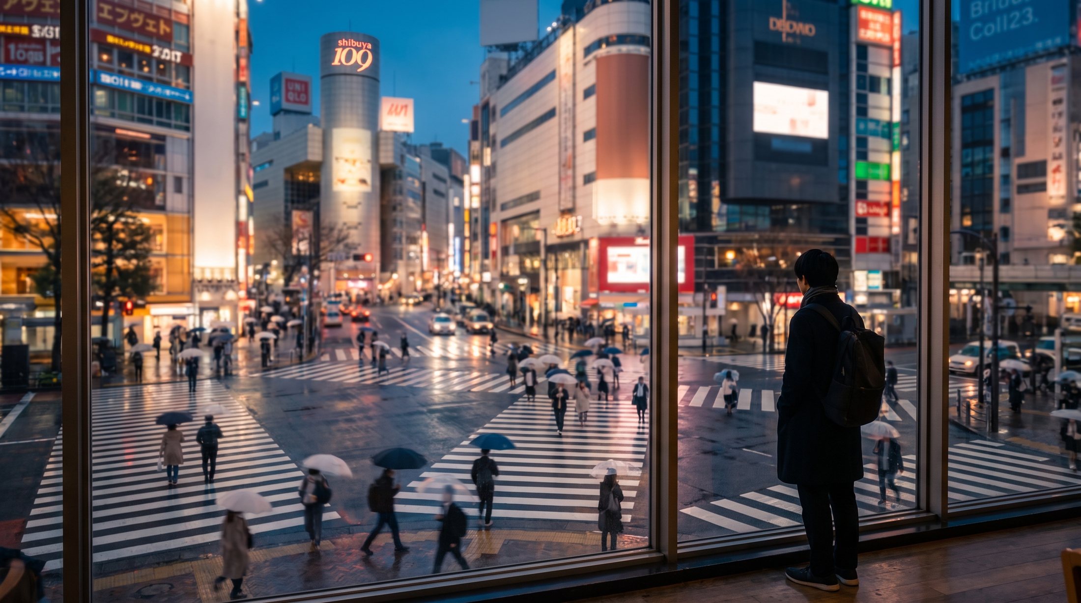 Shibuya crossing at blue hour seen from an elevated window, with umbrellas below